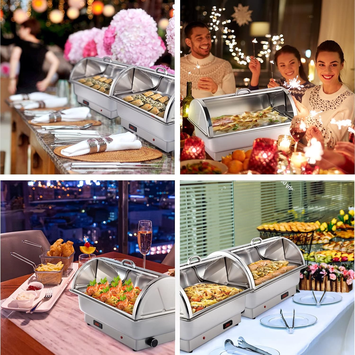 Electric 9 QT Chafing Dish Buffet Set, NSF Stainless Steel Roll Top Food Warmer