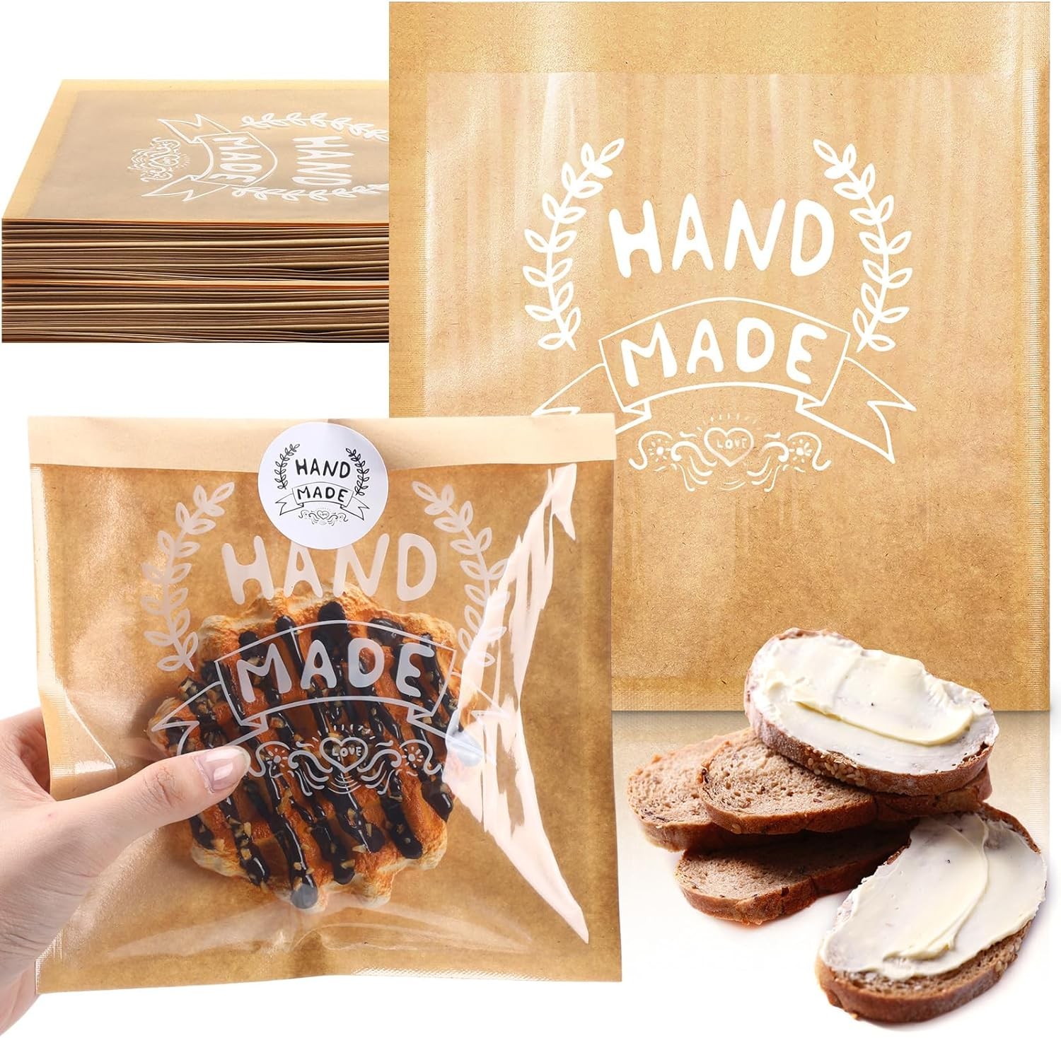 50 Kraft Paper Bags With Window – Small Brown Bakery 7.1 x 7.5 Inch,