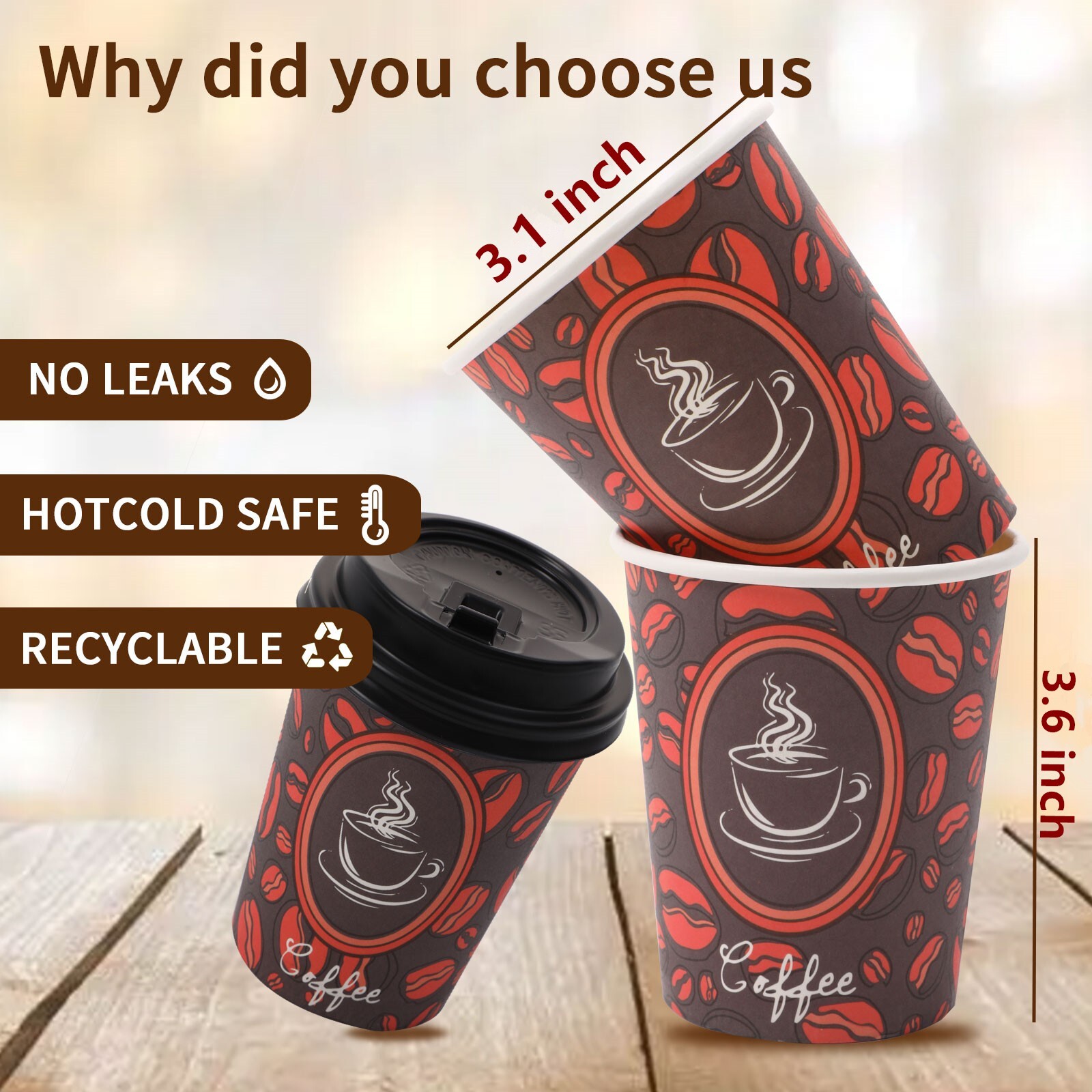100 Pack Quality Disposable Paper Hot Coffee Tea Cups with Lids- 8oz USA SELLER