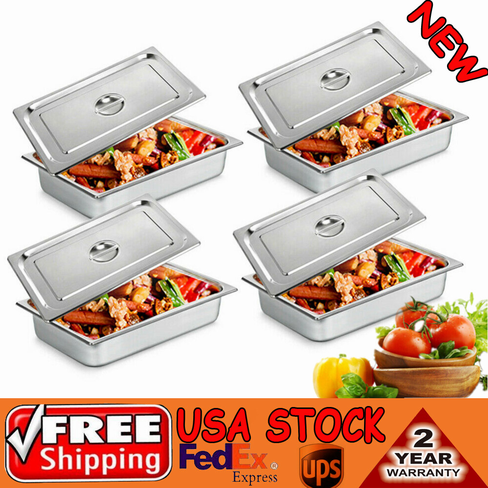 4-Pack Hotel Pans Commercial Steam Table Pan w/ Lid Stainless Steel Food Pan US
