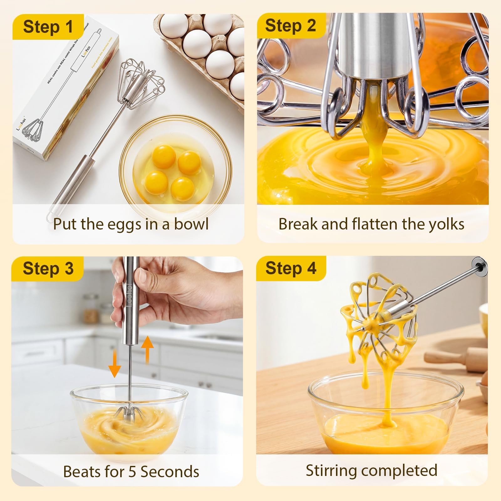 Upgraded Stainless Steel Semi-Automatic Whisk, Easy Push Hand 10 inch, Sliver