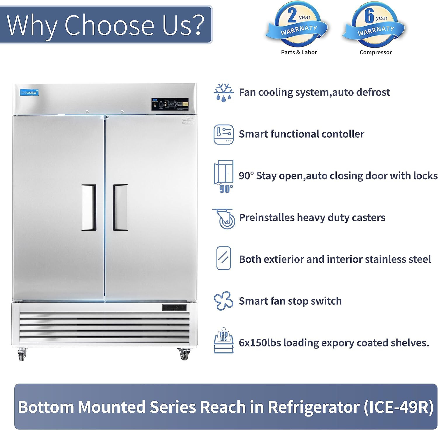 54″ Commercial Refrigerator, ICECASA 2 Door Commercial Reach-In Cooler 49 Cu.ft