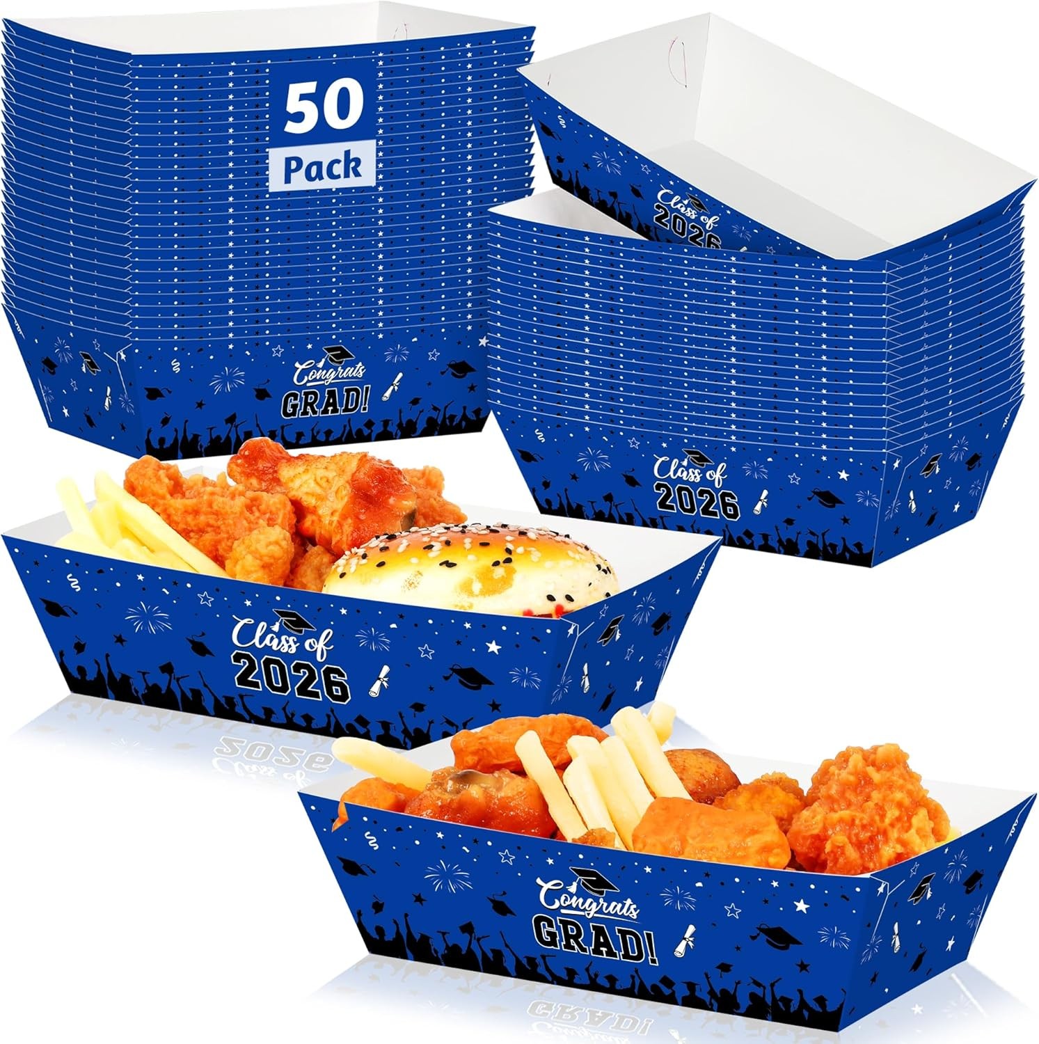 50 Pcs Graduation Decorations 2026, 2 Styles Graduation Food Trays Blue Serving