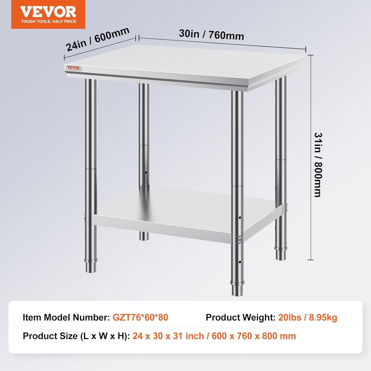330 lbs Capacity Stainless Steel Kitchen Workstation 24x30x32 – Adjustable Shelf