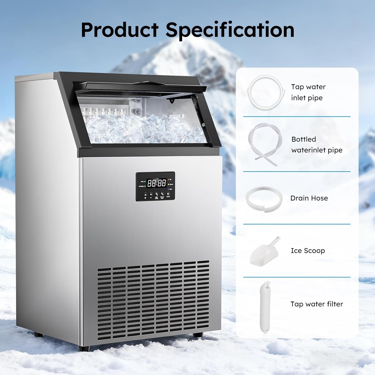 Commercial Ice Maker Machine 200 Lbs/24H, Commercial Ice Machine, 50 LBS Storage