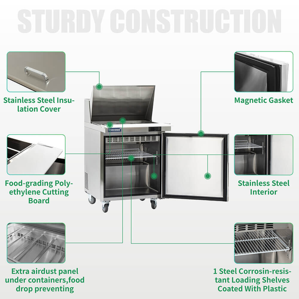 27″ Mega Top Sandwich Prep Table Fridge, ICECASA 1 Door Food Bain Marie Cooler