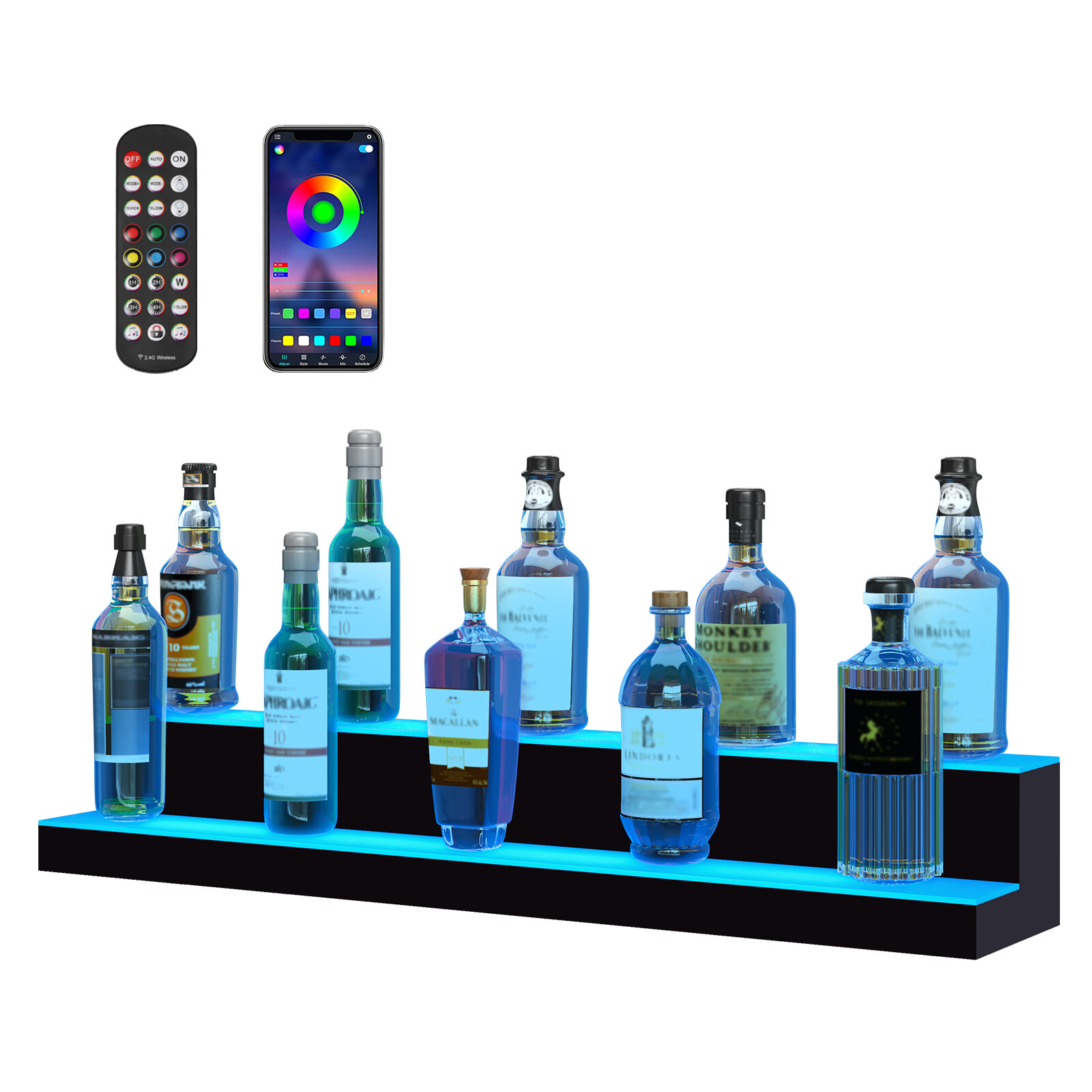 VEVOR LED Lighted Liquor Bottle Display Bar Shelf RF & App Control 40″ 2-Step