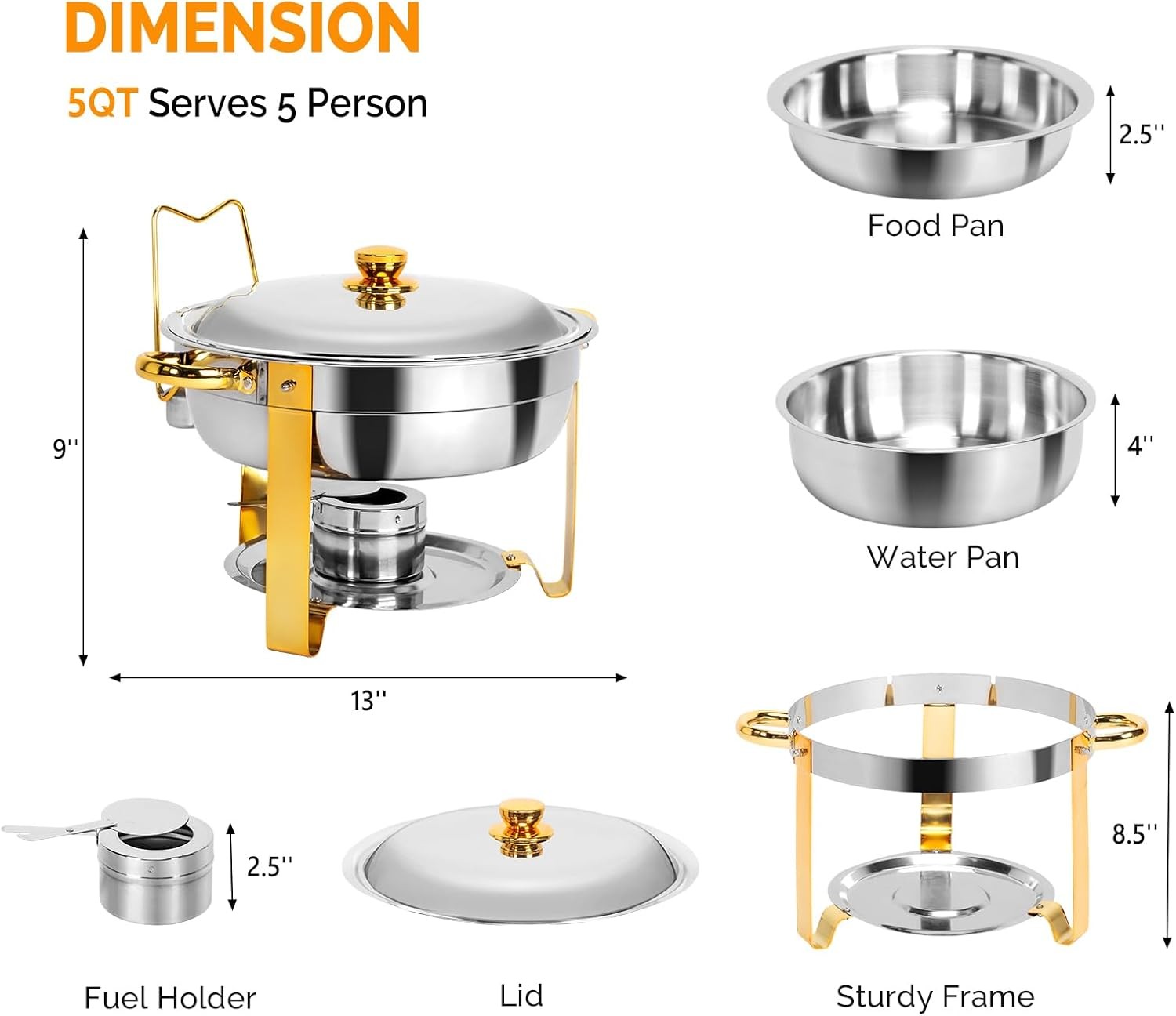 2 Pieces Elegant Gold & Silver Chafing Dishes 5QT Buffet Warmers for Weddings