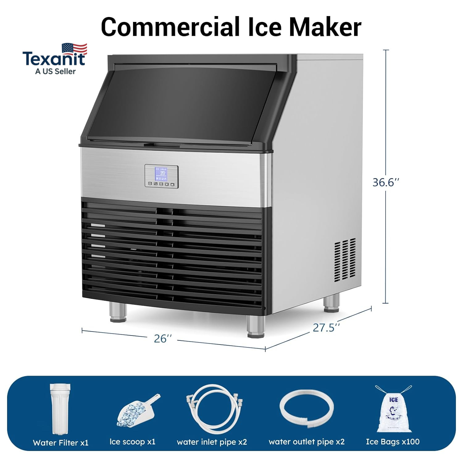 Commercial Ice Maker, 450LBS/24H Ice Machine Commercial with 120 LBS Storage, Ic