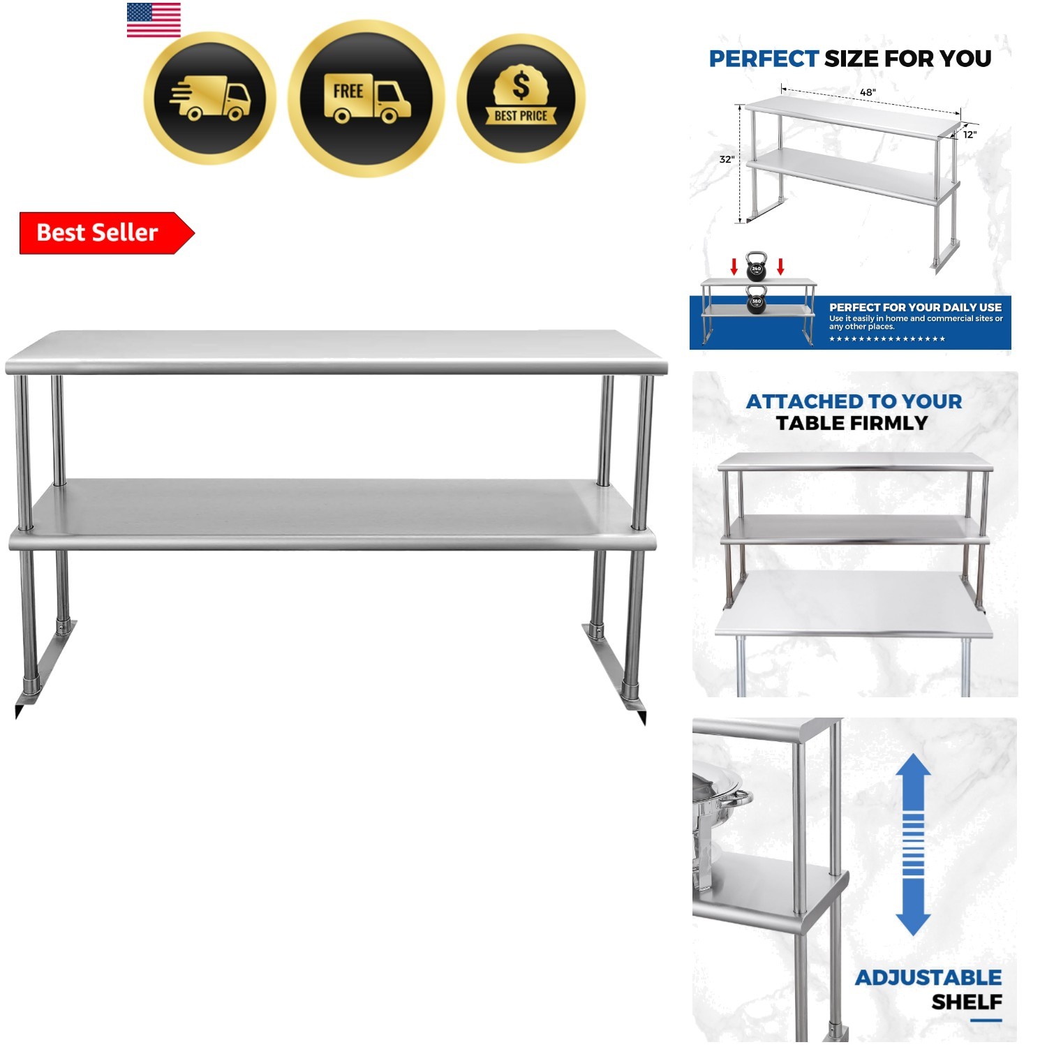 Stainless Steel Overshelf for Prep & Work Table 12” x 48” NSF Commercial Adju…