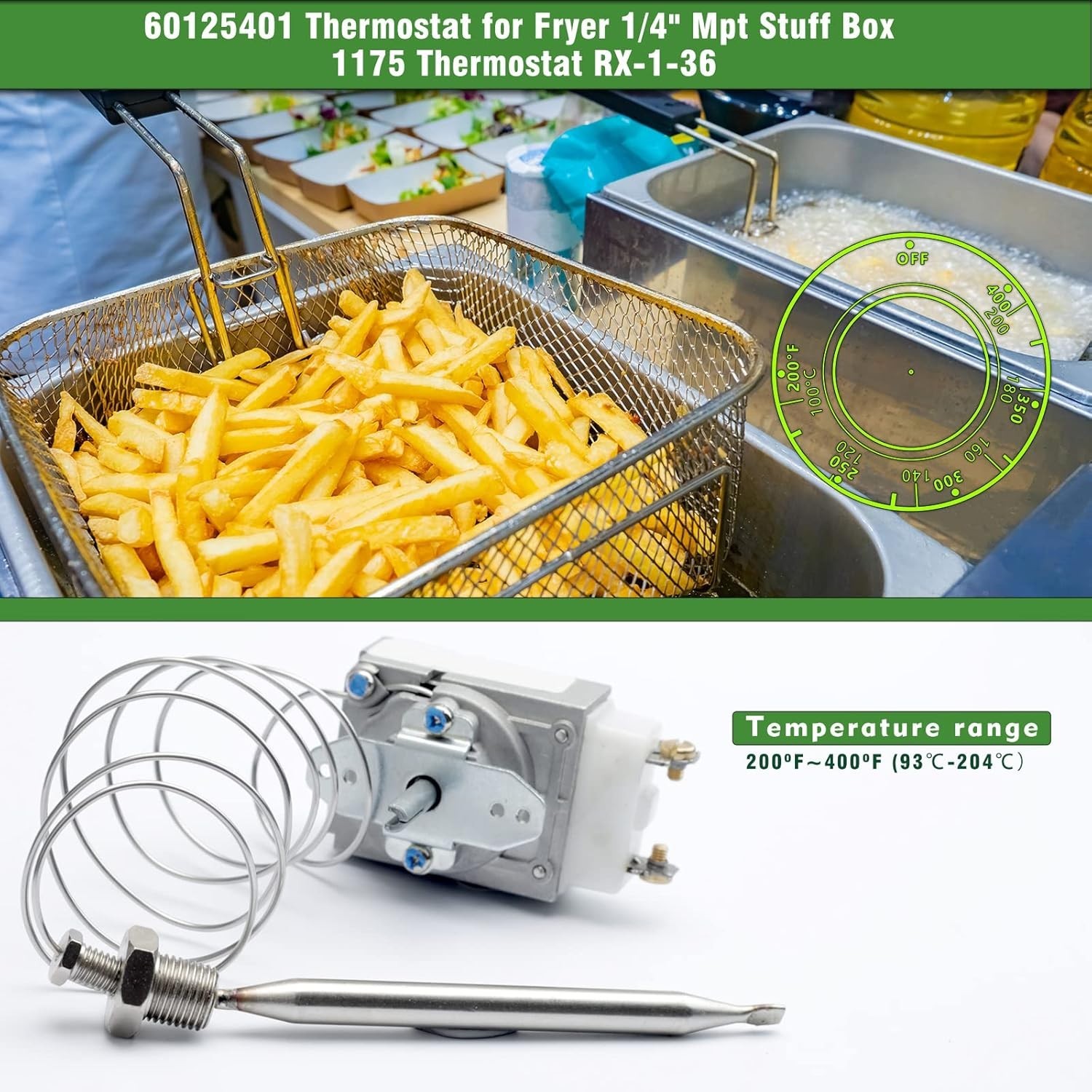 Professional Deep Fryer Thermostat, Stainless Steel, 200-400F Temperature