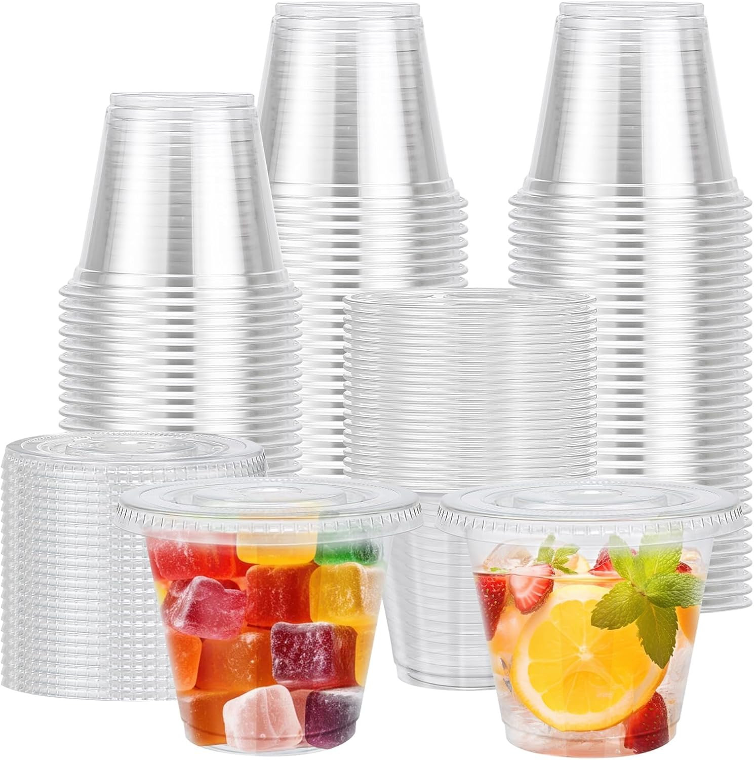 100 Pack 9 Oz Clear Plastic Cups with Lids, Disposable Cups with Flat Lids No Ho