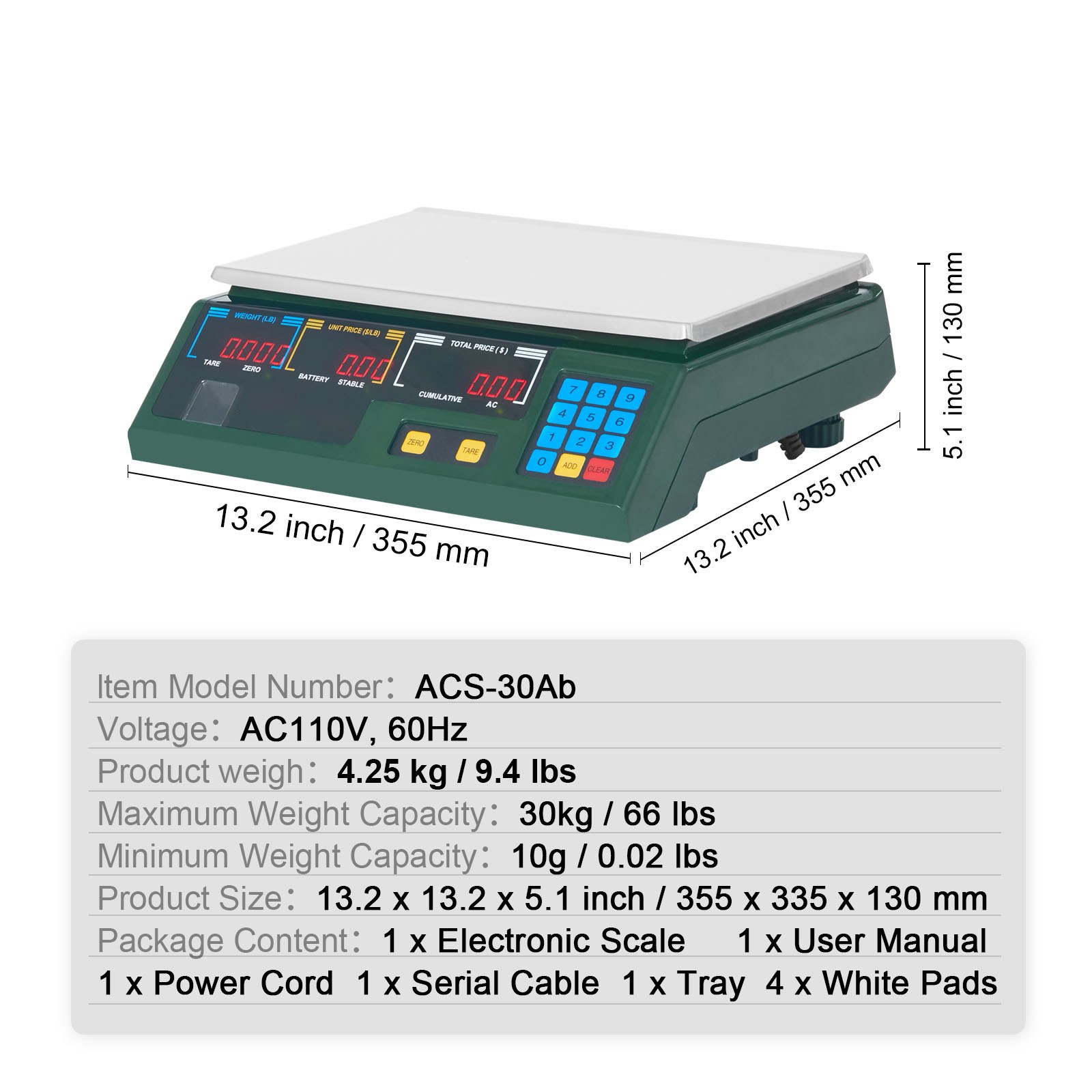 VEVOR 66Lbs 30KG Digital Weight Scale Price Computing Commercial Food Meat Scale