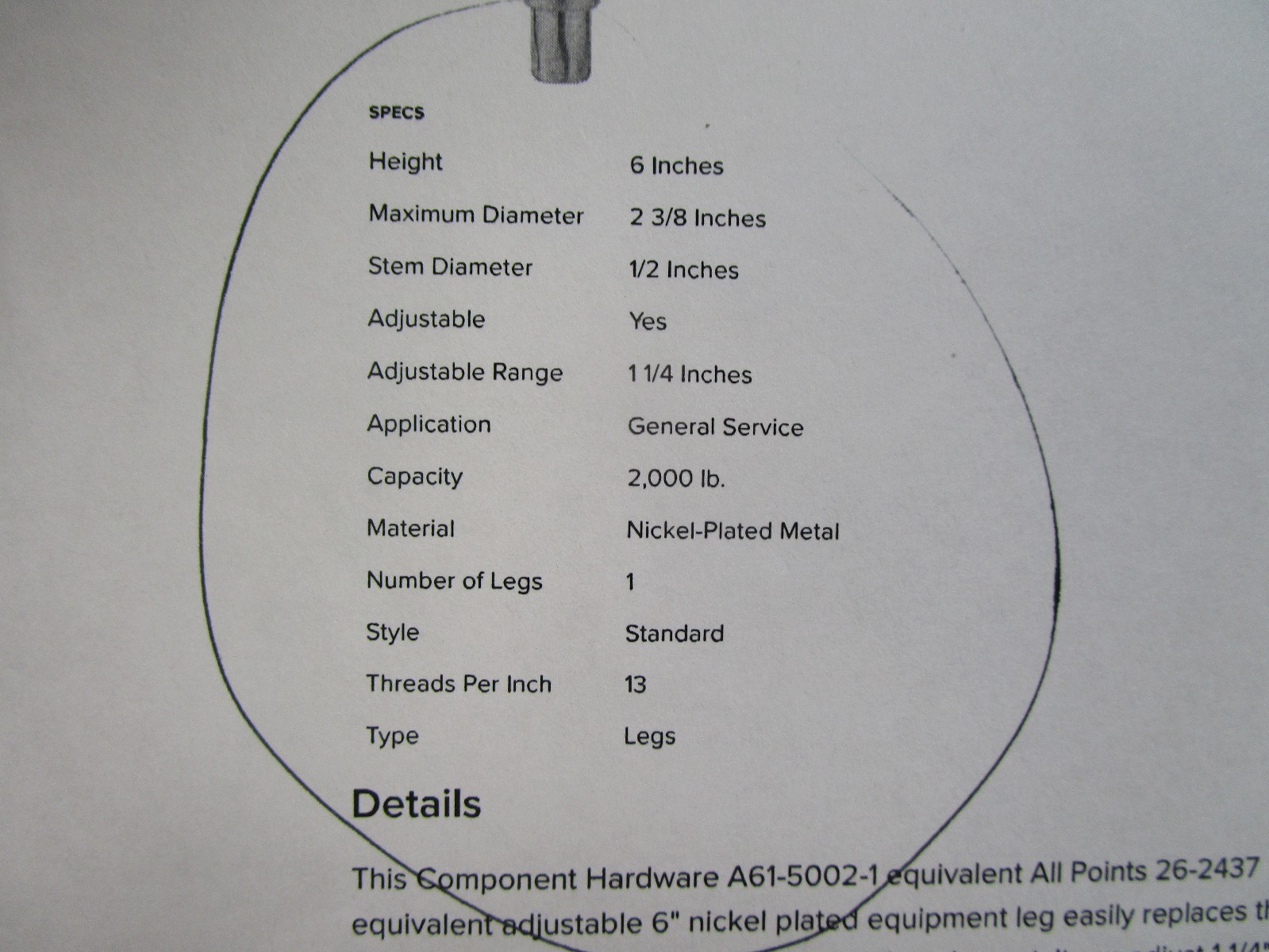4-National Metal A61-5002-1 6″ Adjustable Equip. Leg Nickel Plated 1/2″-13 Stud