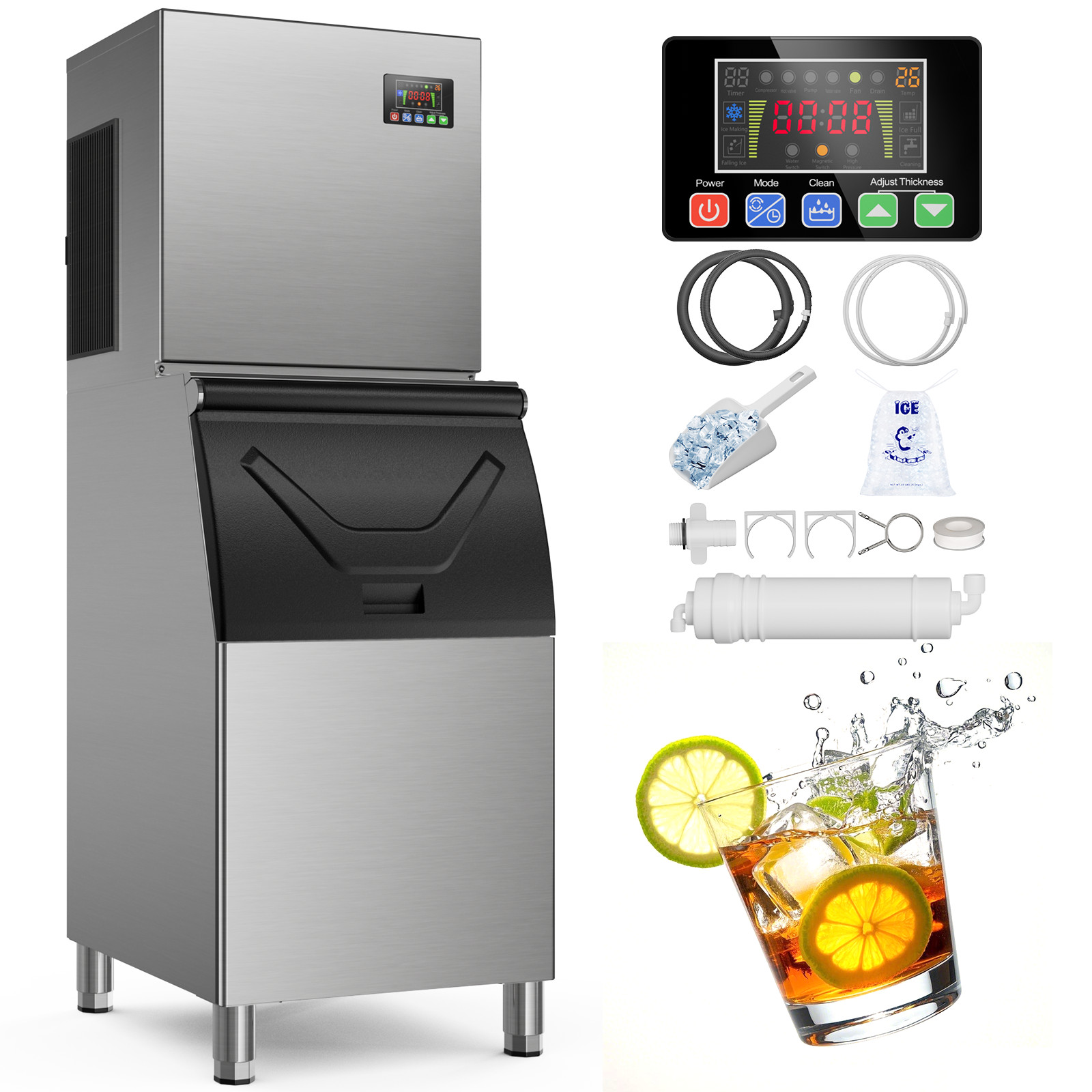 Commercial Ice Machine 400Lbs/24H, 350Lbs Storage, Stainless Steel Self-Cleaning