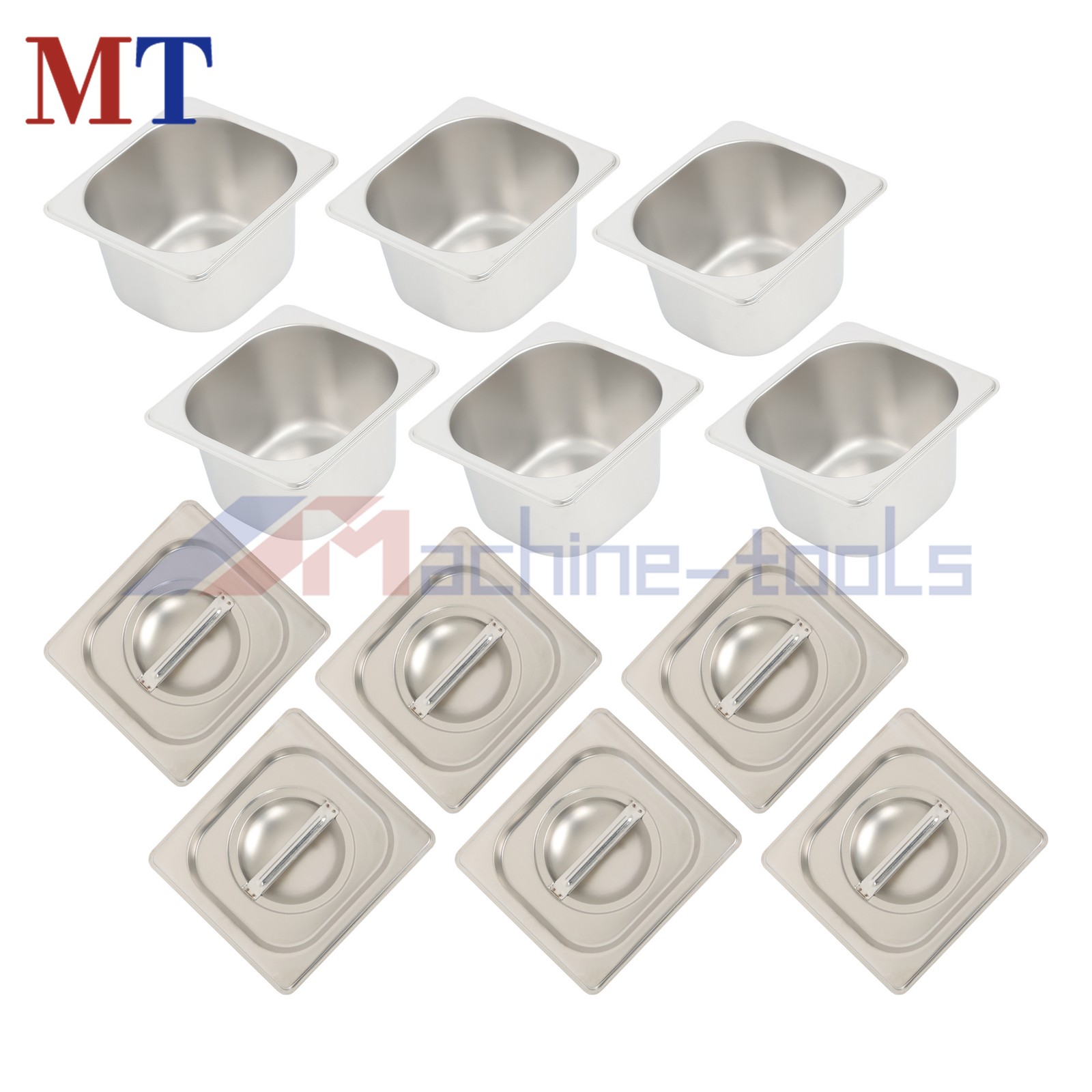 Stainless Steel Catering Pans Set, 6x 1/6 Size 4″ Deep Hotel Pans with Covers