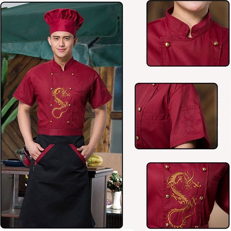 Men Women Chinese Dragon Printed Chef Apparel Uniform Jacket Coat Food Service