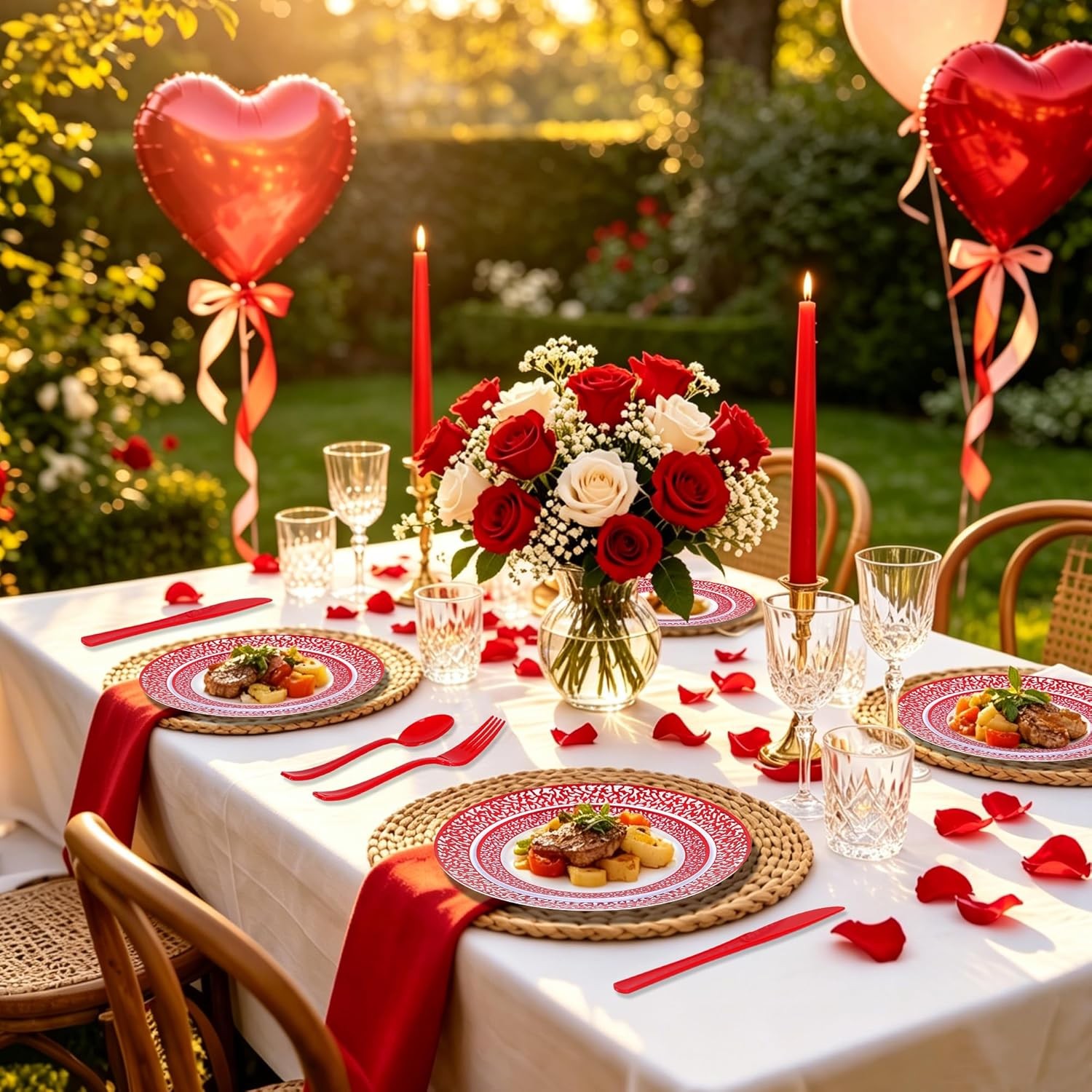 210Pcs Red Plastic Dinnerware for 30 Guests,Red Lace Disposable Plasticc Plates