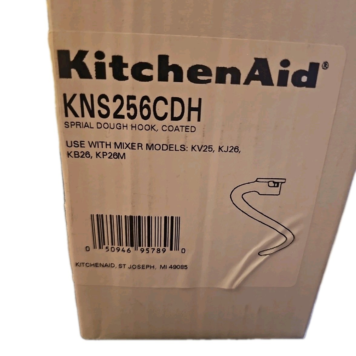 KitchenAid Spiral Coated Dough Hook- Fits Bowl-Lift models KV25G and KP26M1X Whi