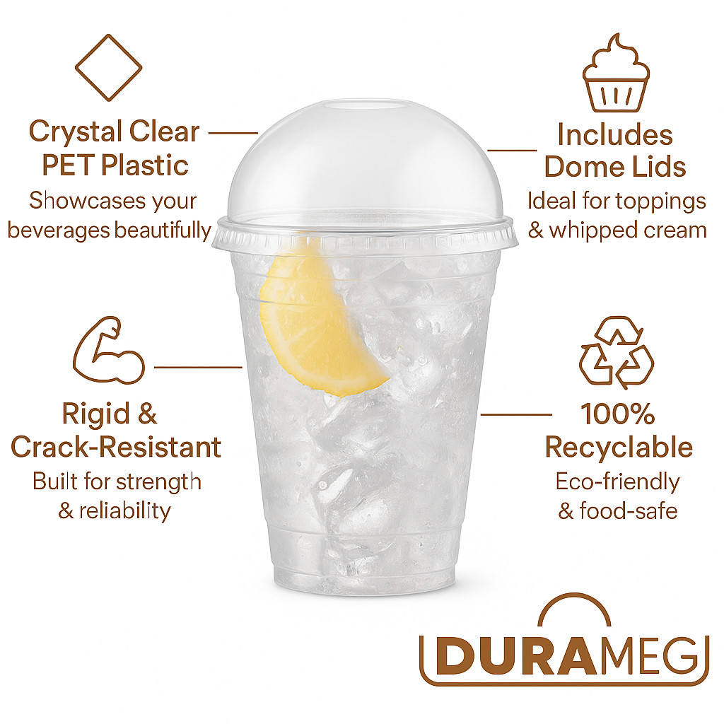 DURAMEG 12oz Clear PET Cups with Dome Lids 100 Pack | Disposable Smoothie Cups