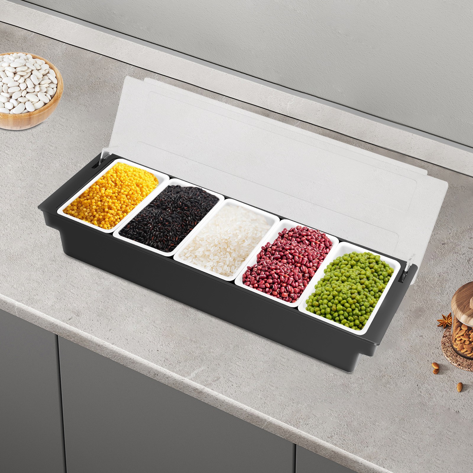 3/5 Compartments Condiment Dispenser Chilled Server Caddy Food FruitSalad Tray