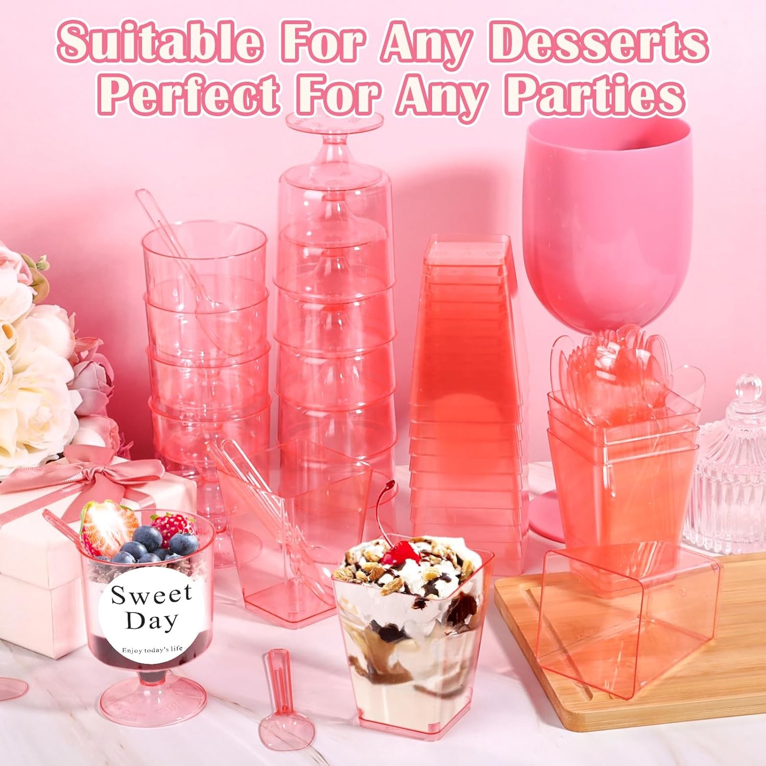 210 Pcs Mini Dessert Cups with Spoons Pink Clear Pastic Dessert Cups 5 oz,
