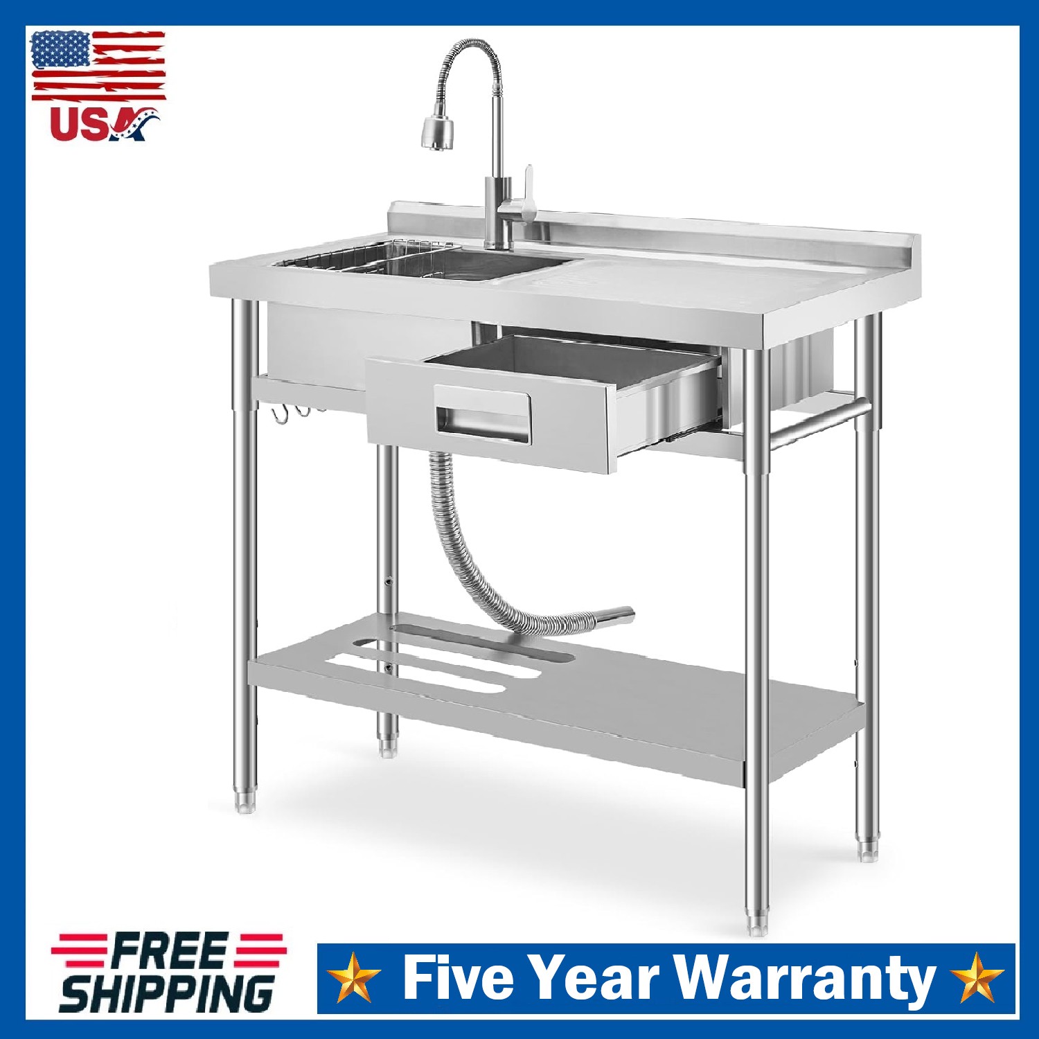 39″ Stainless Steel Utility Sink, Freestanding Single Bowl Kitchen Sink & Faucet