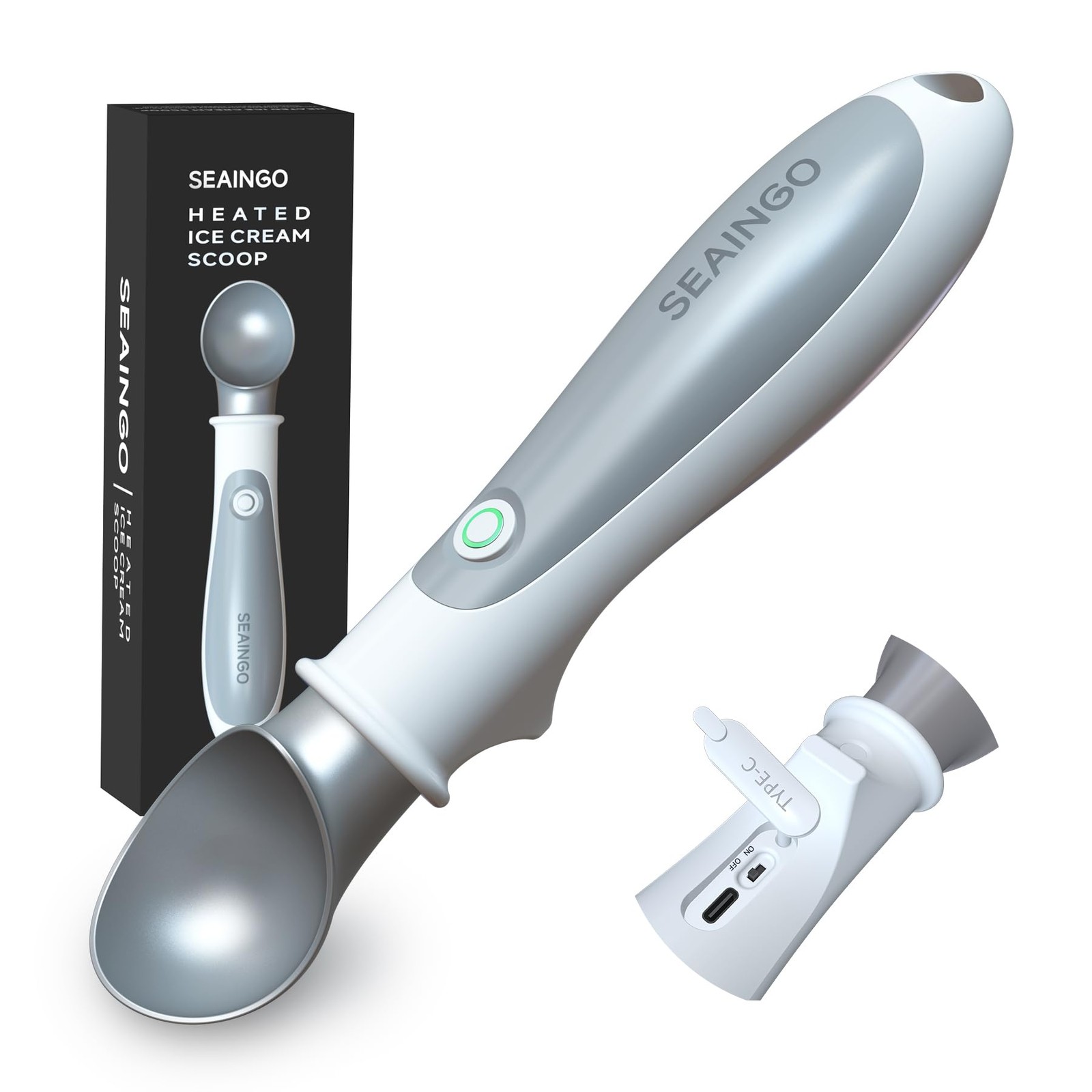 SEAINGO Heated Ice Cream Scoop – Rechargeable, ON/OFF Small: 1.8 ounce, White