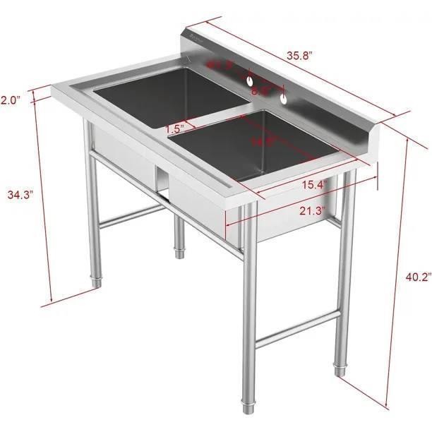 40″ H Commercial Sink Stainless Steel 2 Compartment Free Standing Sink Silver