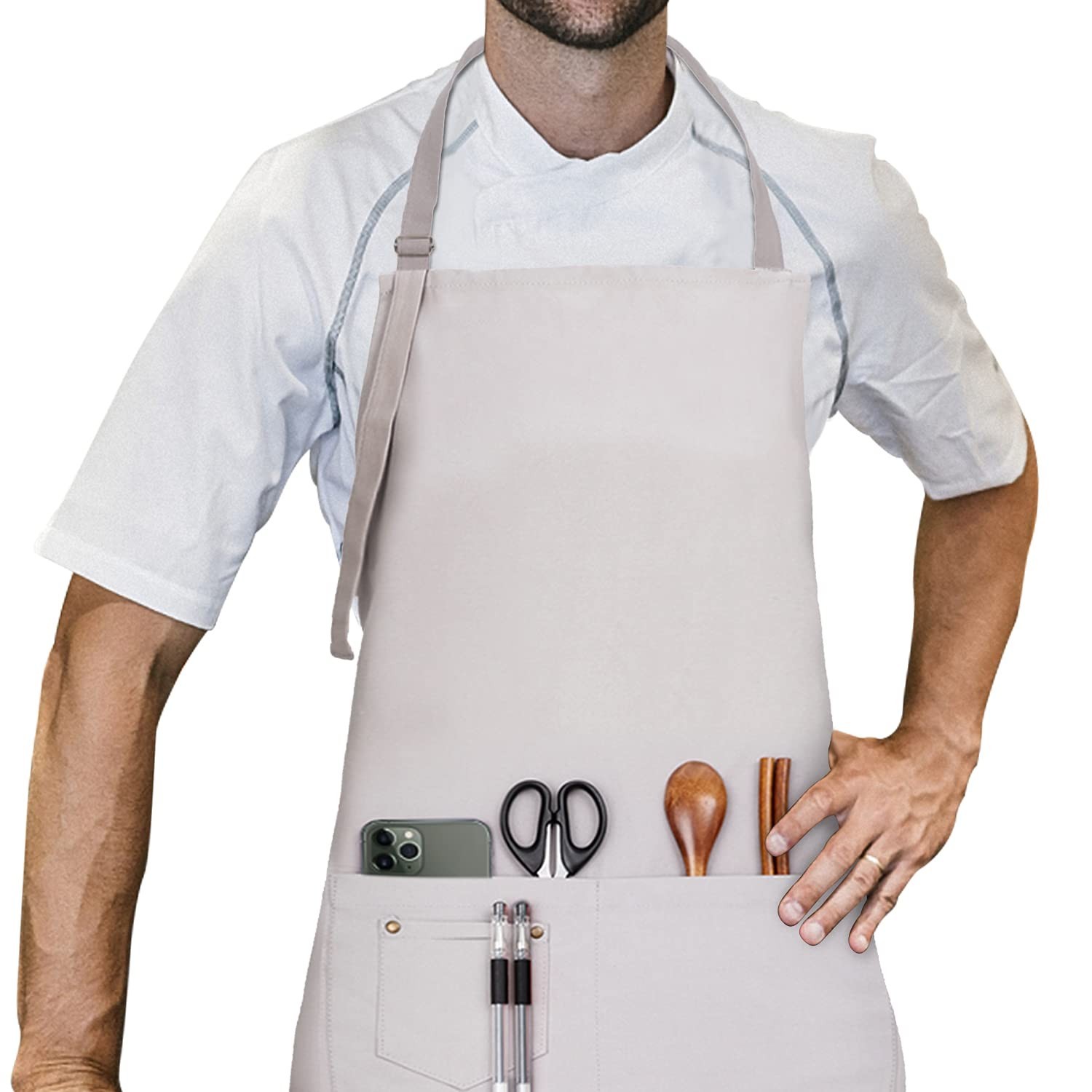 LessMo Bib Apron, Canvas Cotton Cooking Aprons 100% Cotton 1 Light Gray