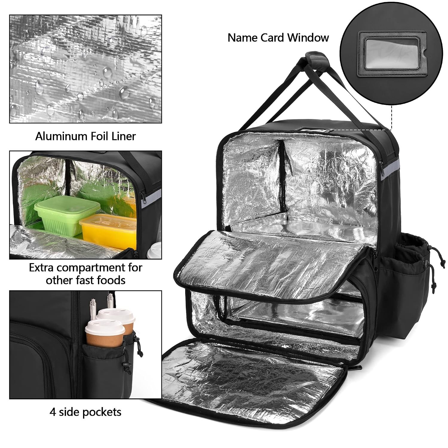 Expandable Food Delivery Backpack with 4 Cups Holder, 14” Pizza Delivery Bag