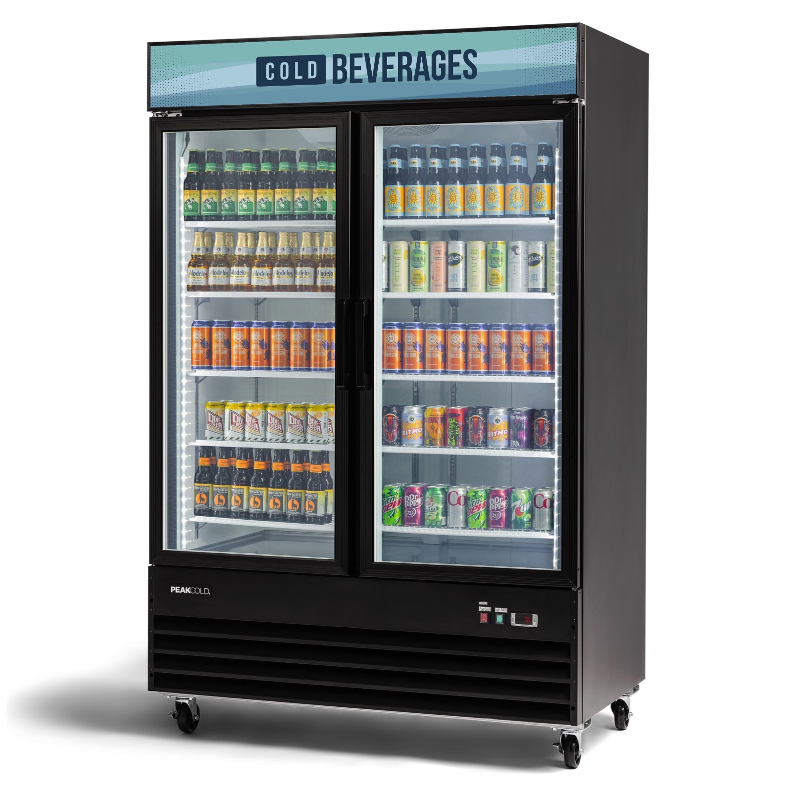 PEAKCOLD Commercial Double Glass Door COLD BEVERAGES, Merchandiser, 45 Cu Ft