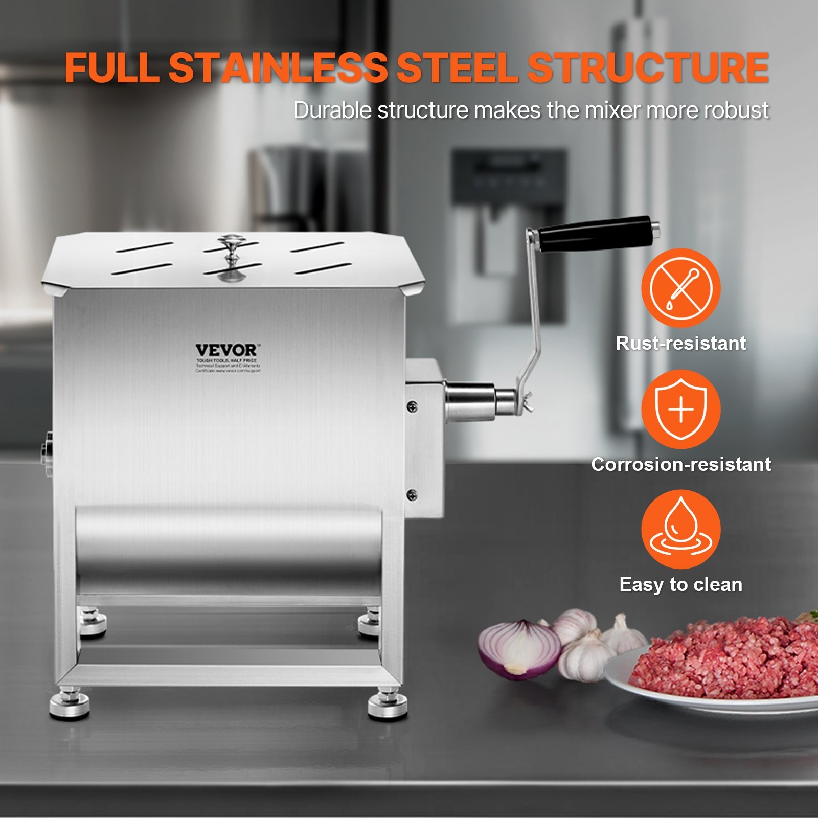 Manual Meat Mixer, 20L Fixed Tank Meat Processing Equipment(Mixing Max 30LBS for