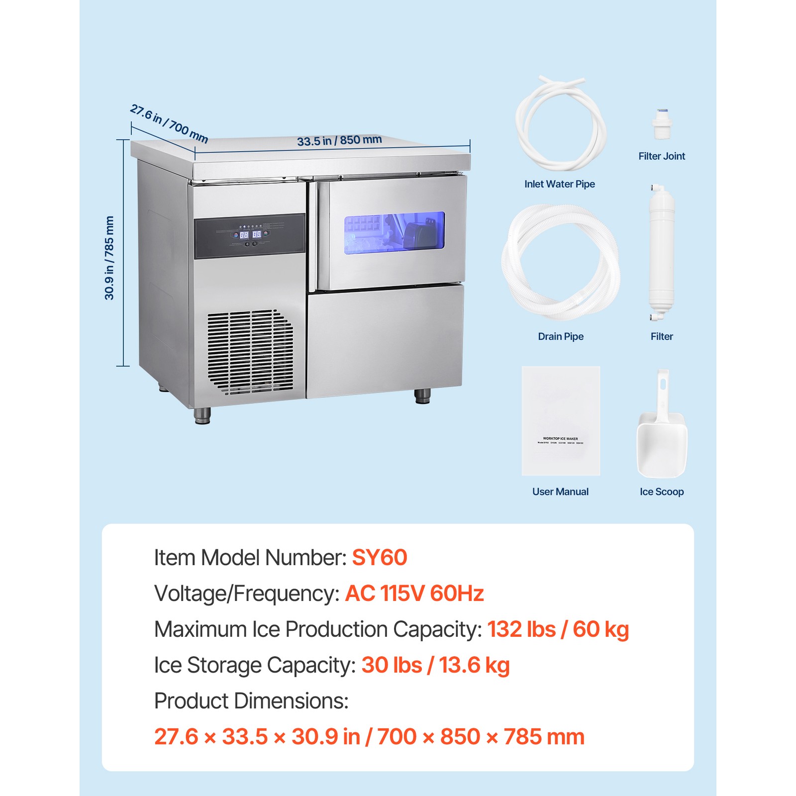 Uimoso Freestanding Commercial Ice Maker Machine for Countertop, 132 lbs/24H