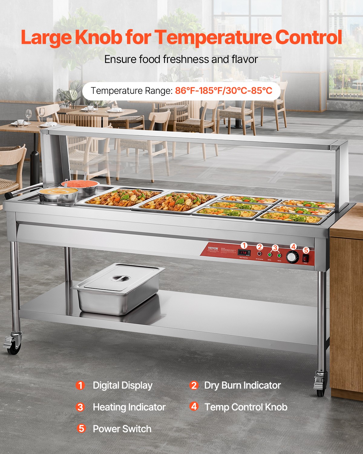 VEVOR 8 Pans + 2 Pots Commercial Food Warmer Steam Table with Undershelf Shield