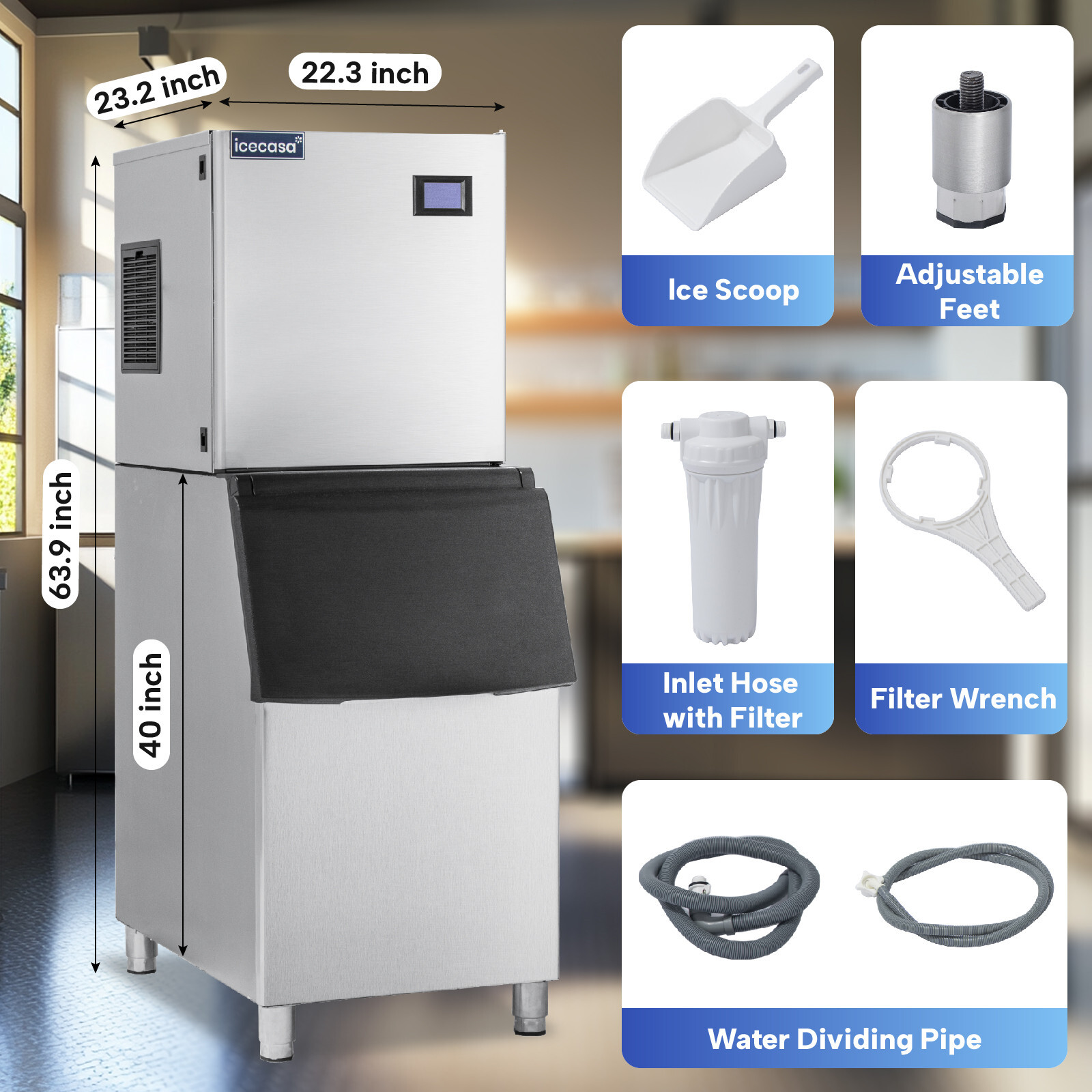 ICECASA Commercial Ice Maker Machine, 350 lbs Ice Makers with 220lbs Storage