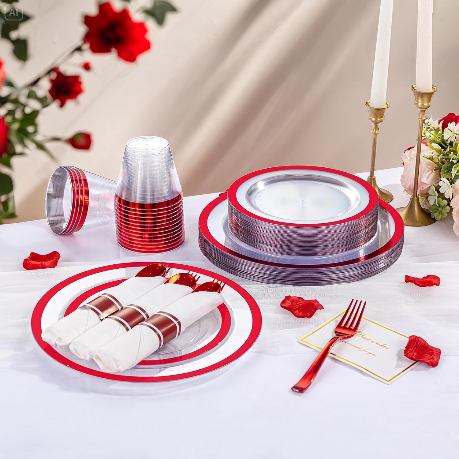 210 Pcs Red Plates Set,Clear and Red Plastic Plate Include 60 Plates,30 Cups,30