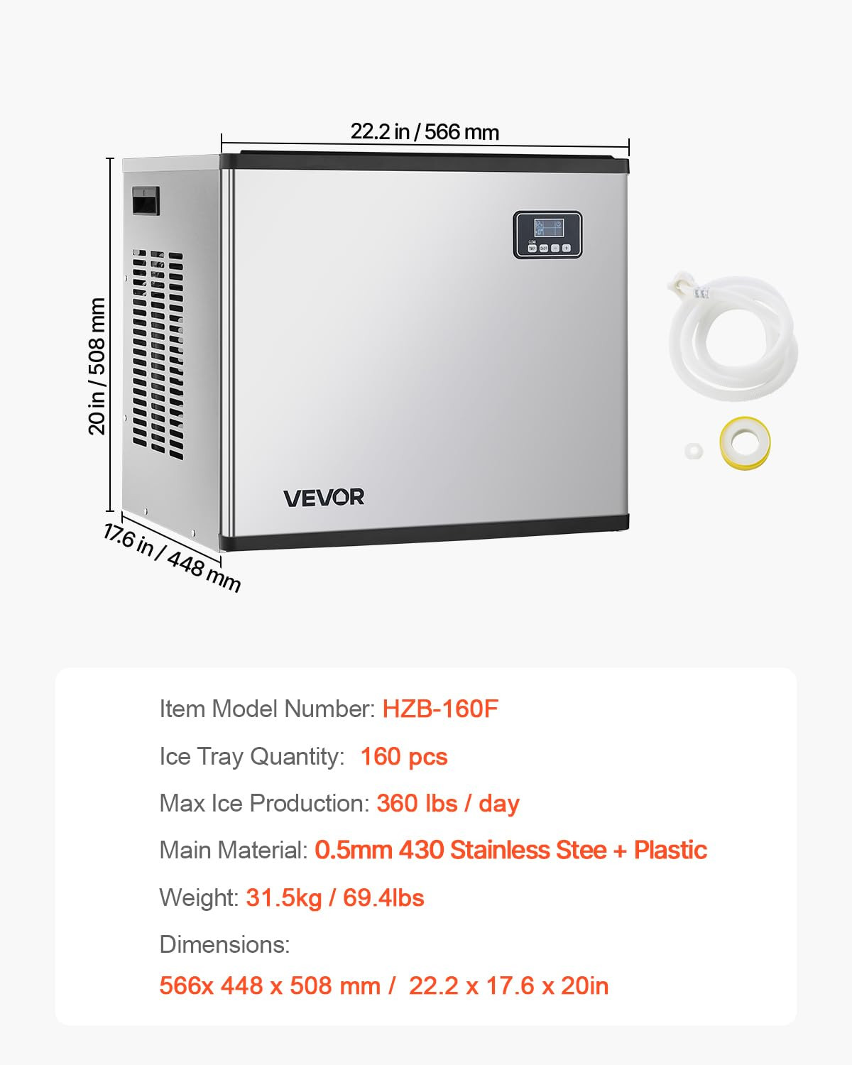 Commercial Ice Maker Machine – Head, 360 Lbs/Day Stainless Steel Ice Machine wit