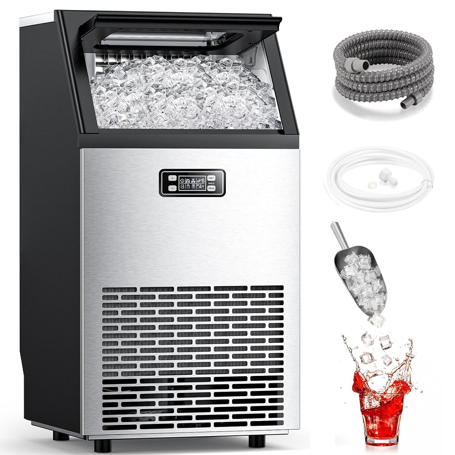 Stainless Steel 100Lbs/24H Ice Maker – Self-Cleaning for Home & Bar