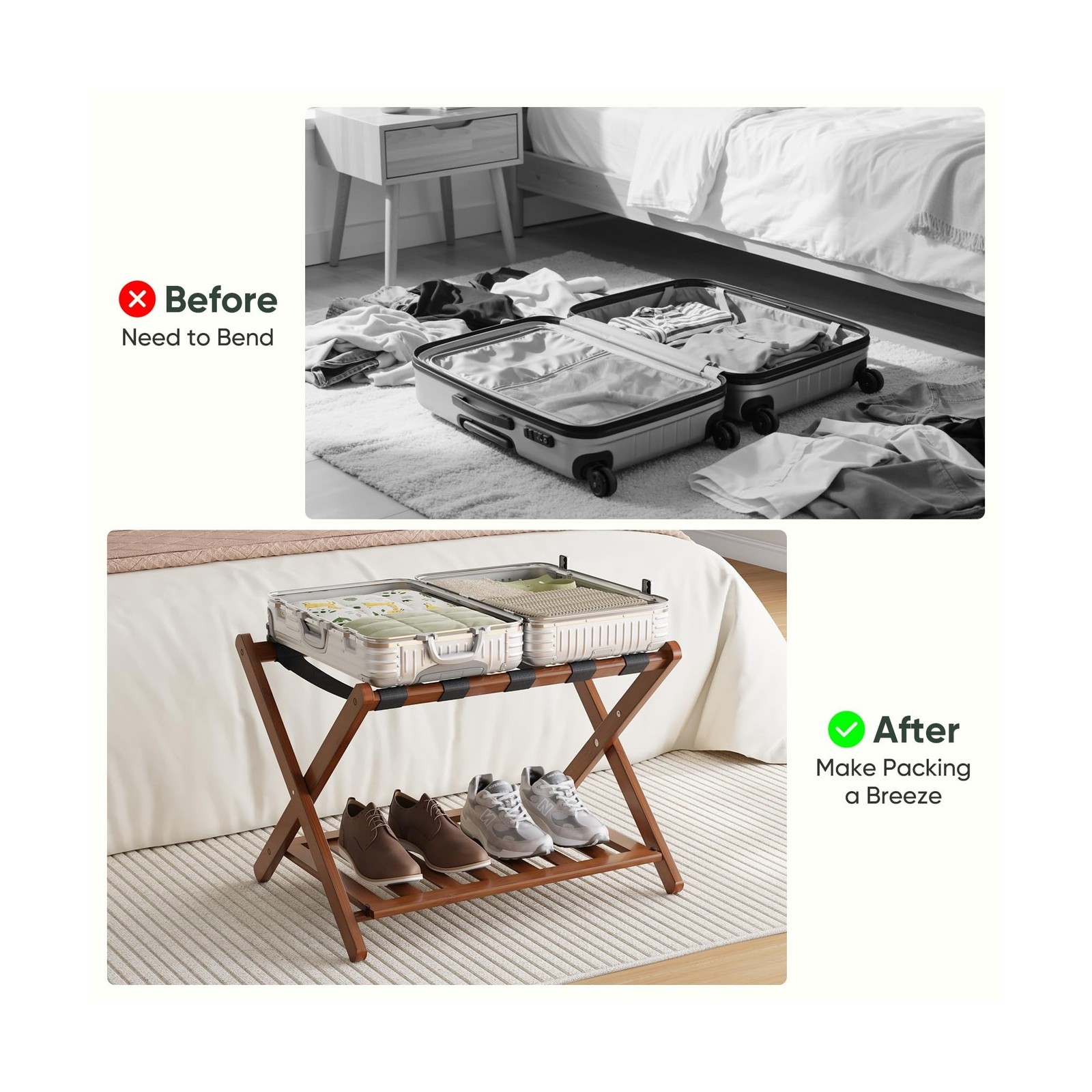 Smart FENDEE Bamboo Luggage Rack Fully Assembled, Walnut Folding Suitcase Sta…