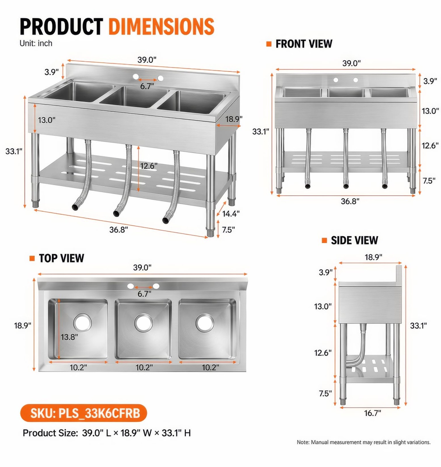 Stainless Steel Utility Sink Free Standing Triple Bowl Commercial Kitchen Sink