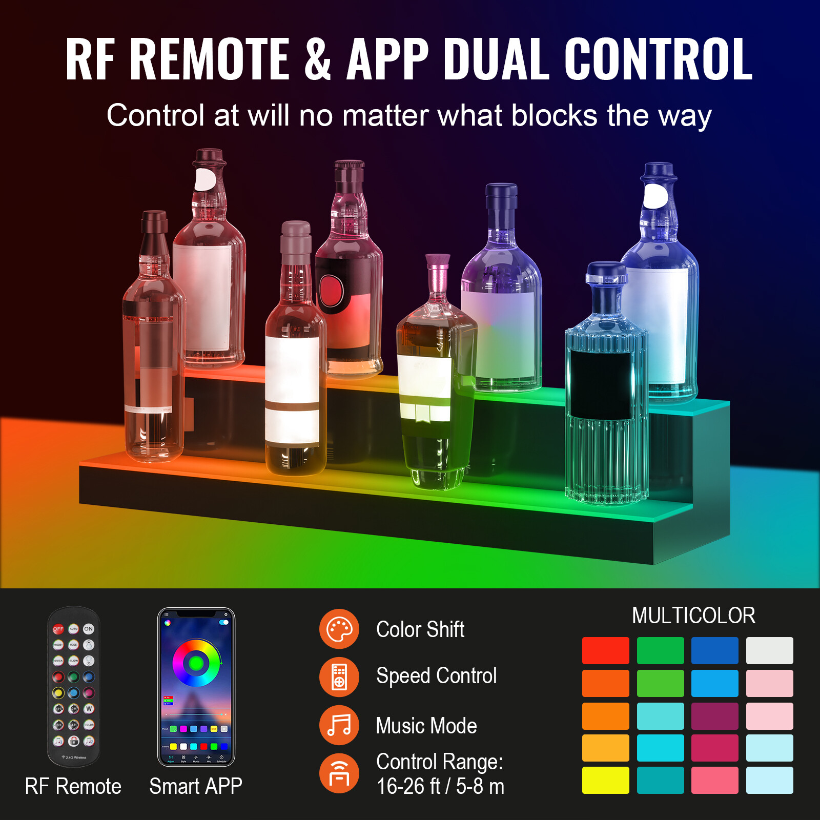 VEVOR LED Lighted Liquor Bottle Display Bar Shelf RF & App Control 30″ 2-Step