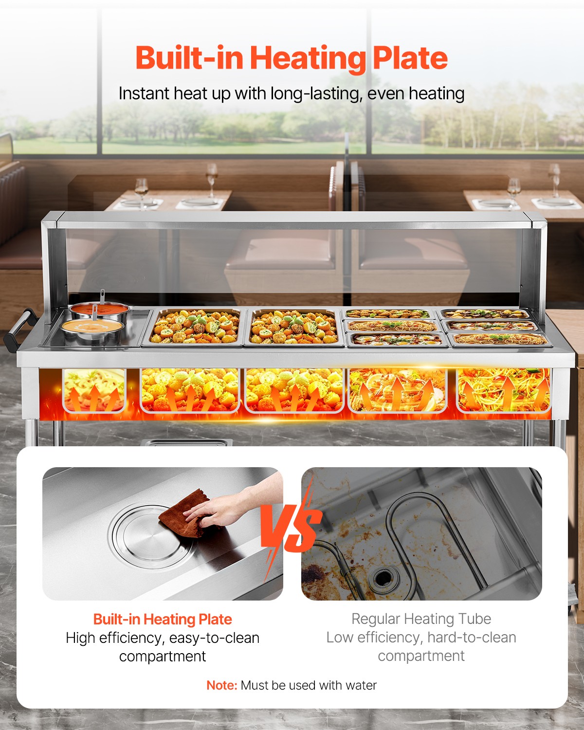 VEVOR 8 Pans + 2 Pots Commercial Food Warmer Steam Table with Undershelf Shield