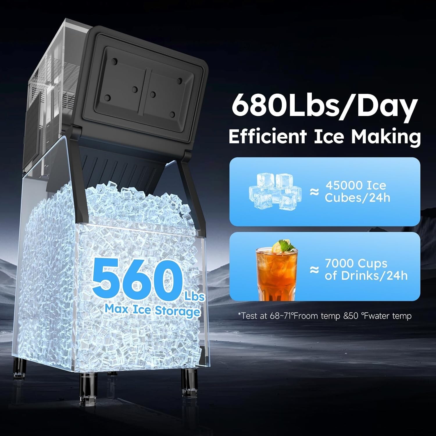 680LB/24H Commercial Ice Maker Machine 560LBS Large Storage Bin Auto Cleaning