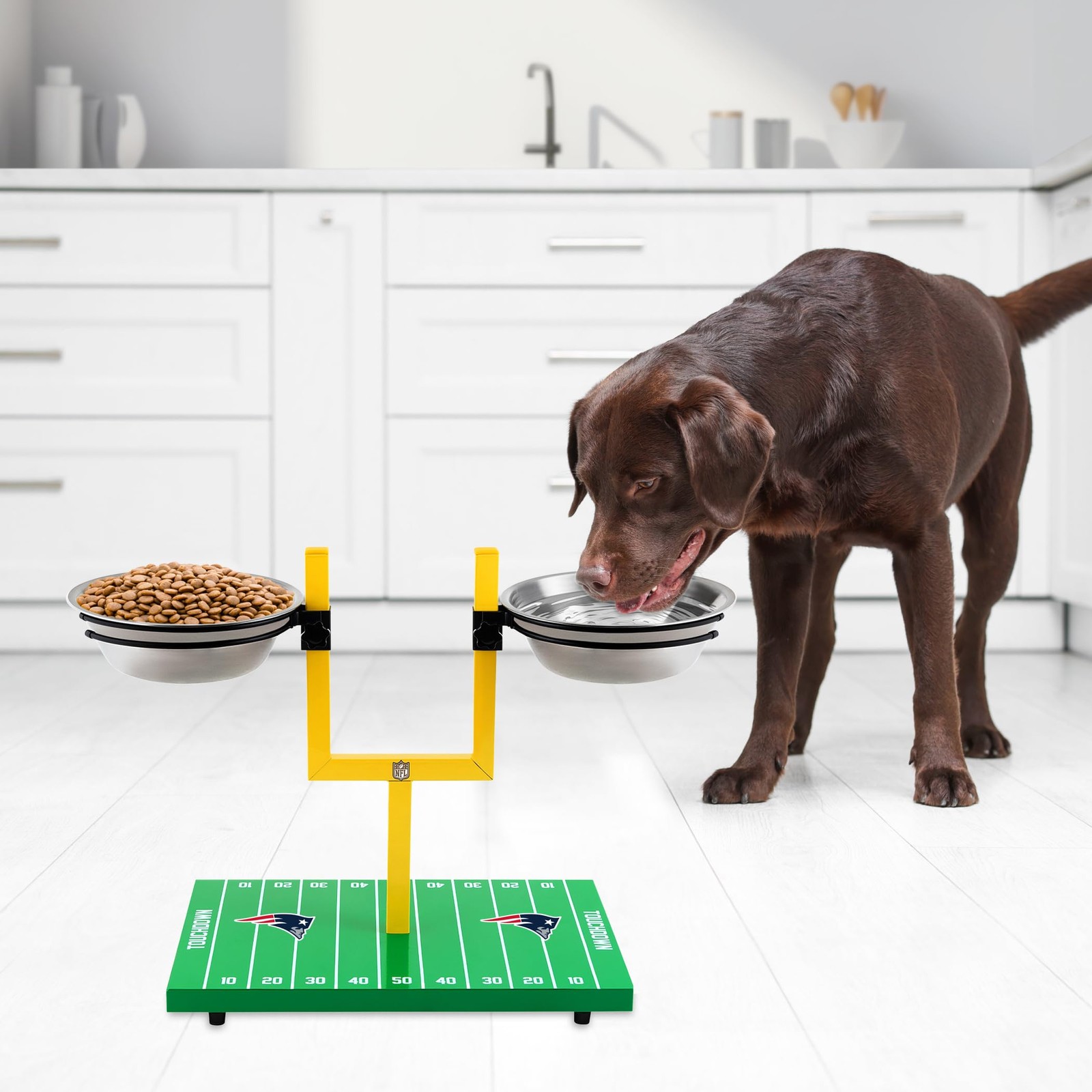 Pets First Nfl England Patriots Goalpost Football Field Dog Feeder Adjustable