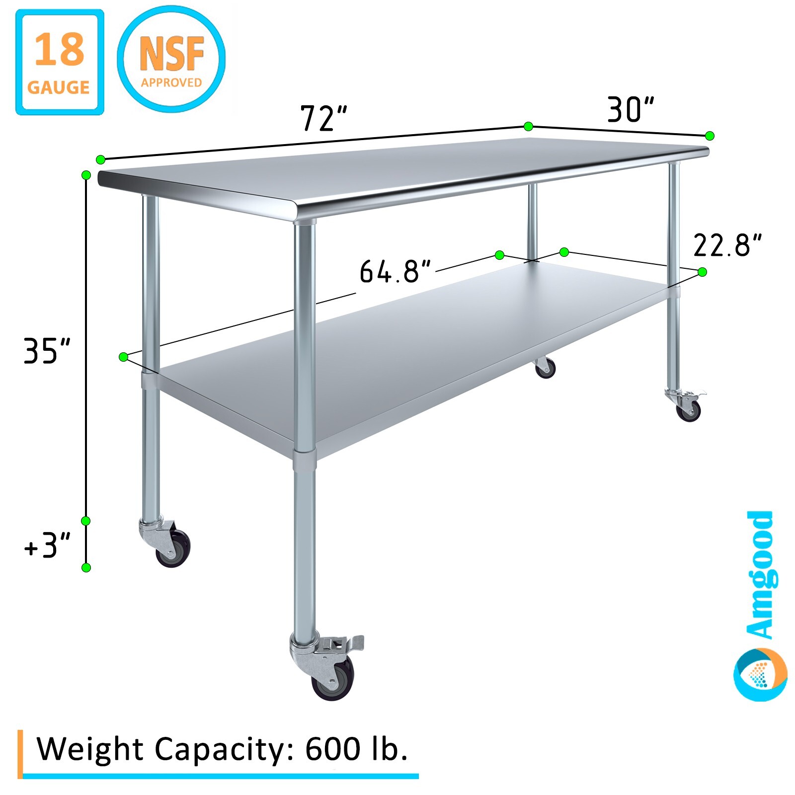 30″ X 72″ Stainless Steel Table With Wheels | NSF Prep Metal Work Table Casters
