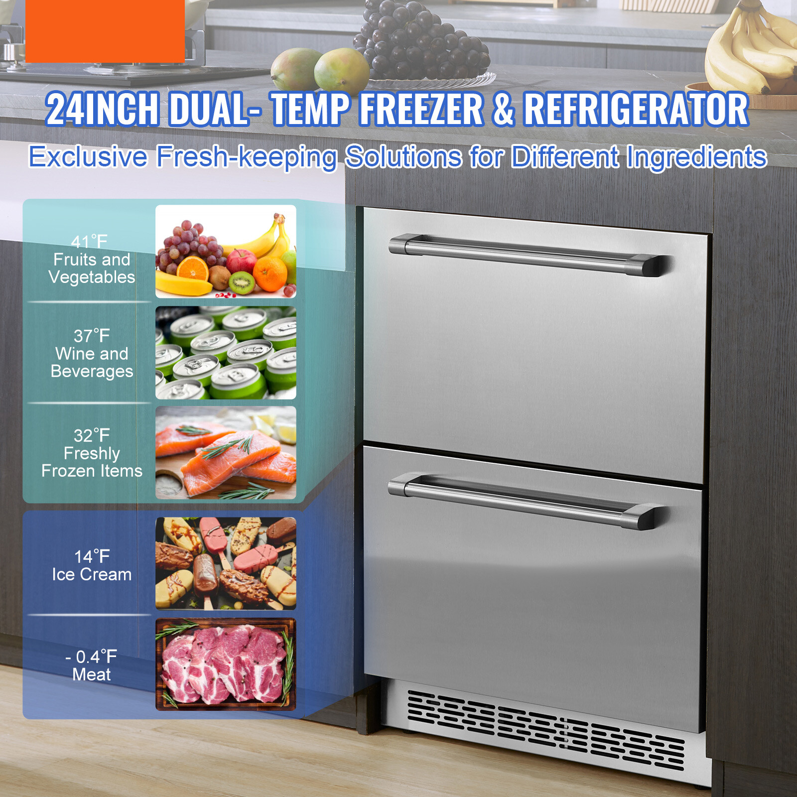 VEVOR Undercounter Refrigerator 24″ Built-in 2 Drawer Refrigerator Chill Freeze
