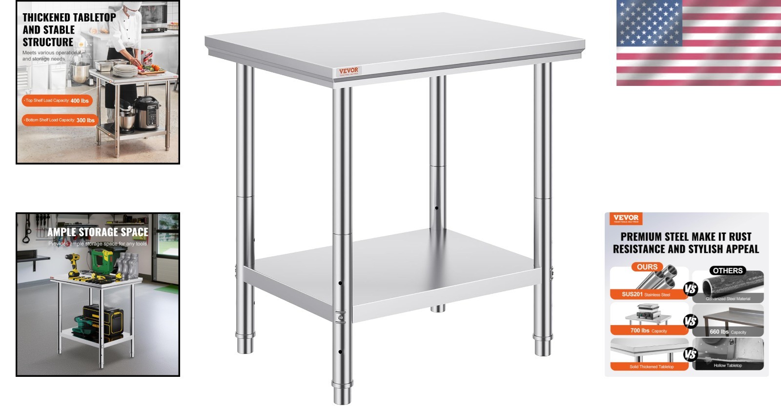 330 lbs Capacity Stainless Steel Kitchen Workstation 24x30x32 – Adjustable Shelf