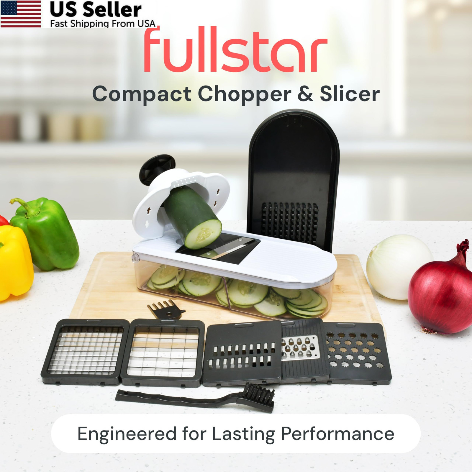 Fullstar Core Vegetable Chopper – Chop and Slice Lid – 6-in-1, White/Black