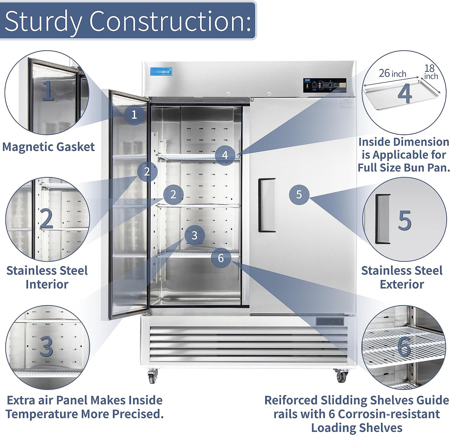 54″ Commercial Refrigerator, ICECASA 2 Door Commercial Reach-In Cooler 49 Cu.ft